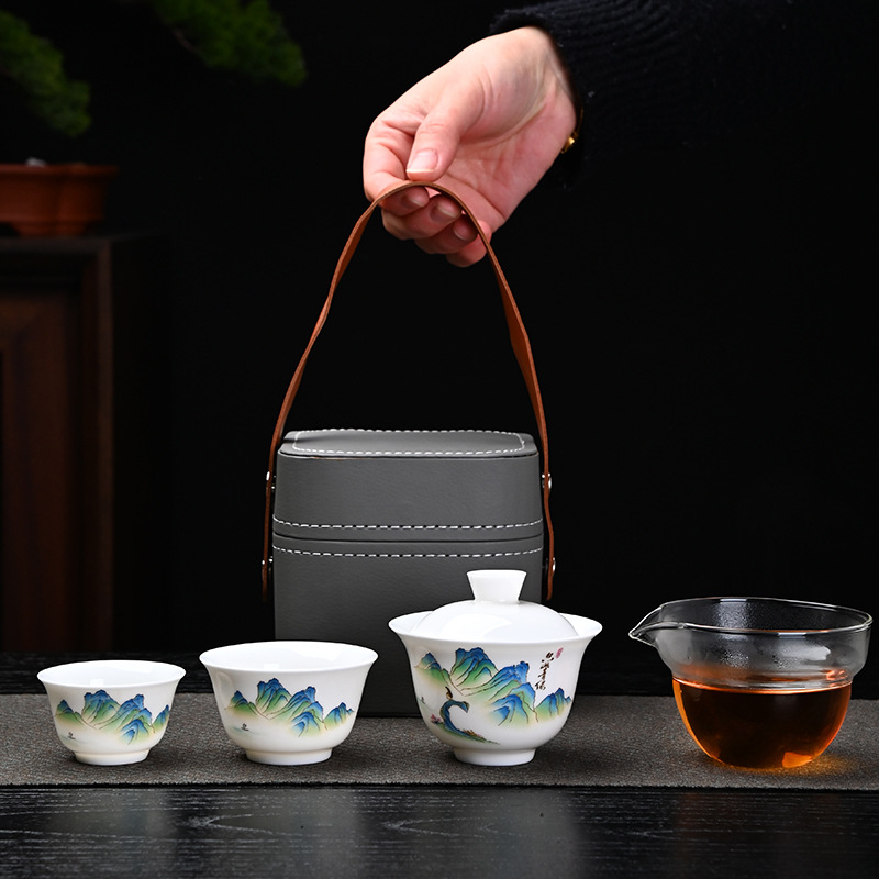 Set Gongfu de ceai din porțelan alb, portabil pentru călătorii, cu bol cu capac și siglă
