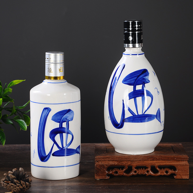 Sticlă de vin ceramică pictată manual în albastru și alb, cu inscripție, recipient sigilat gol, 0,5 kg, personalizabilă