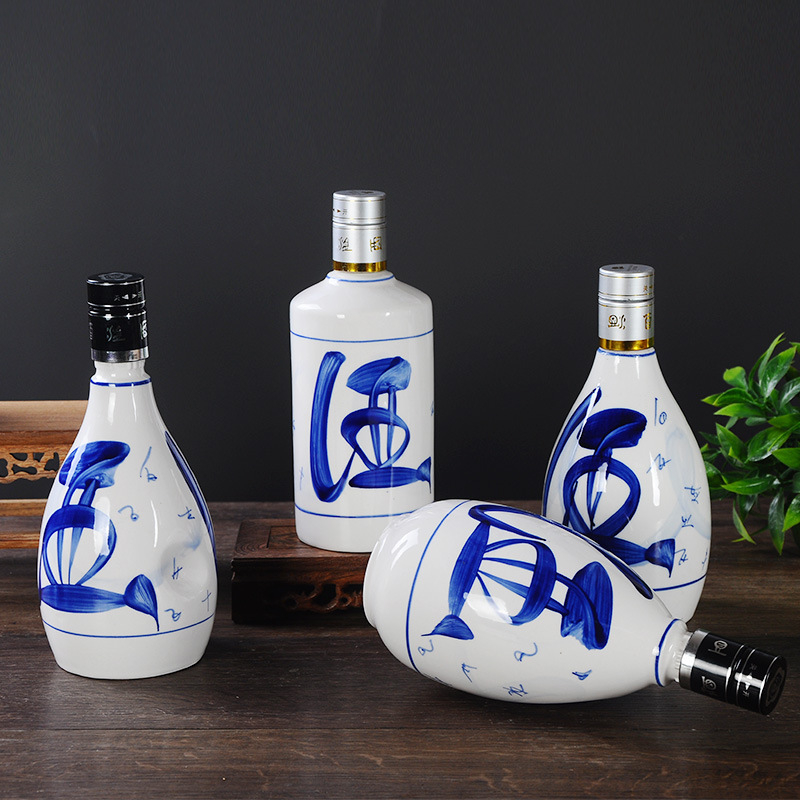 Sticlă de vin ceramică pictată manual în albastru și alb, cu inscripție, recipient sigilat gol, 0,5 kg, personalizabilă