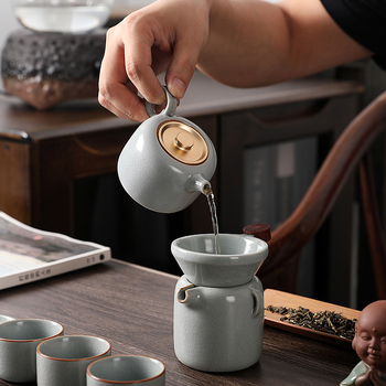 Set Gongfu de ceai din porțelan cu glazură crackle Ru kiln, ceainic și cești, cutie cadou luxoasă, logo personalizabil