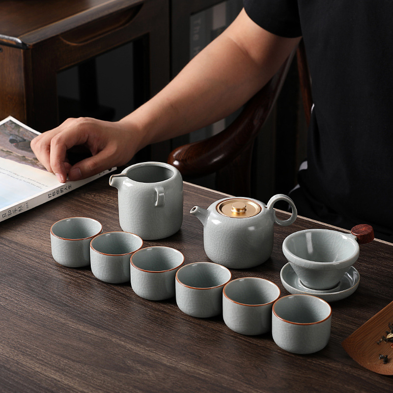 Set Gongfu de ceai din porțelan cu glazură crackle Ru kiln, ceainic și cești, cutie cadou luxoasă, logo personalizabil