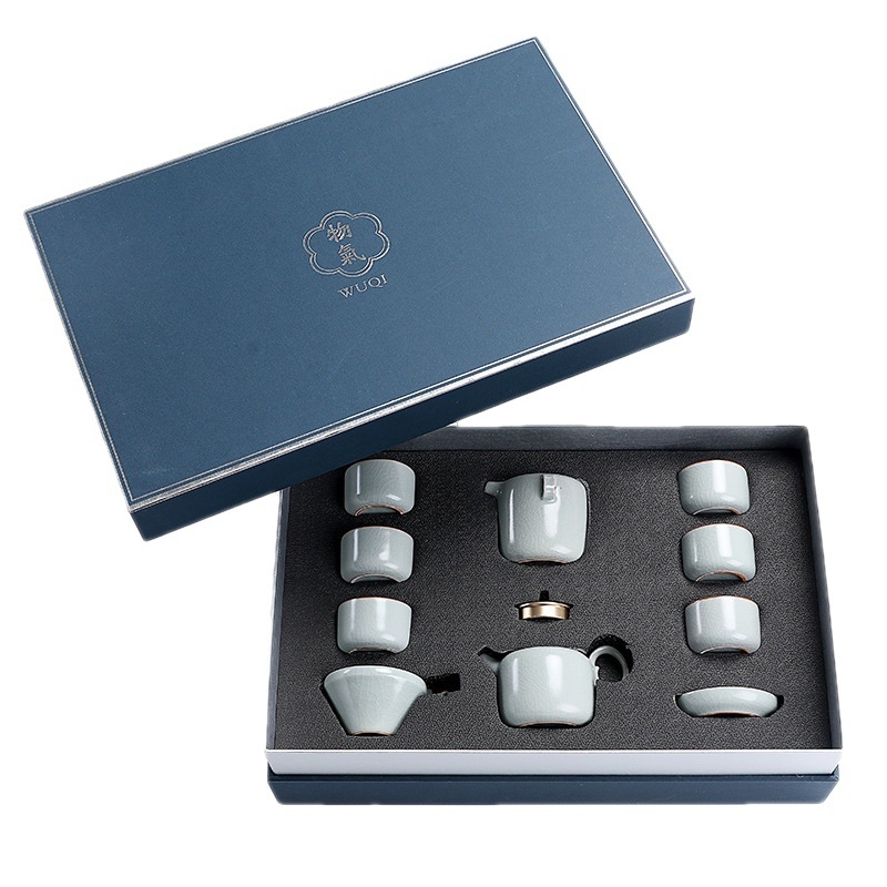 Set Gongfu de ceai din porțelan cu glazură crackle Ru kiln, ceainic și cești, cutie cadou luxoasă, logo personalizabil