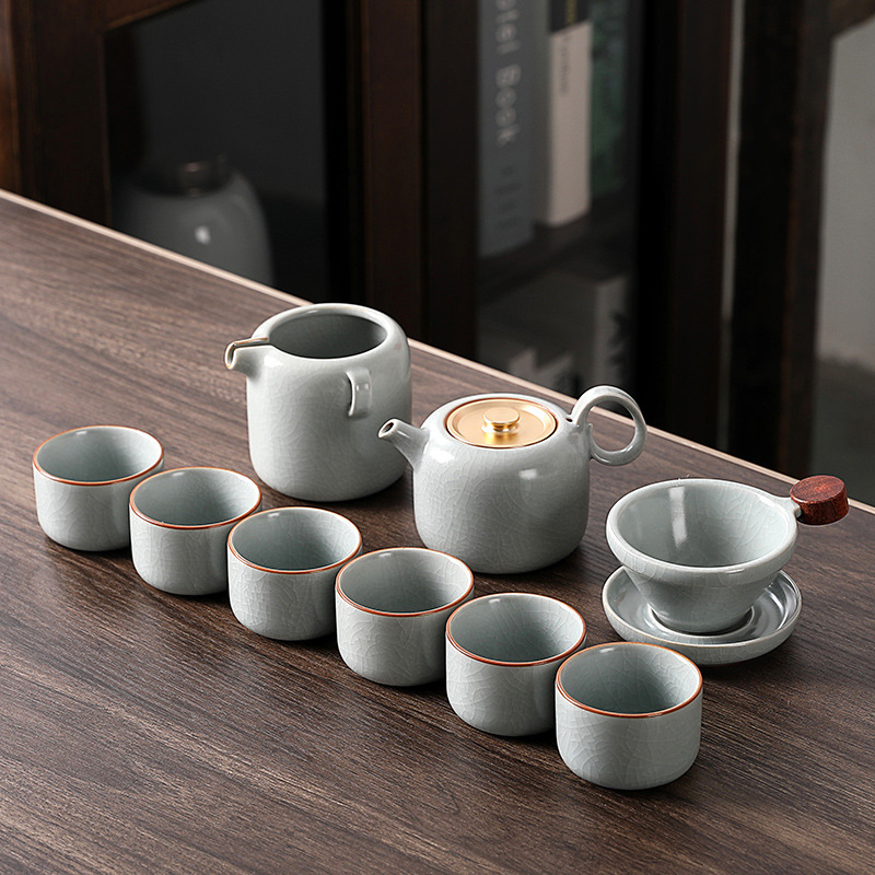 Set Gongfu de ceai din porțelan cu glazură crackle Ru kiln, ceainic și cești, cutie cadou luxoasă, logo personalizabil