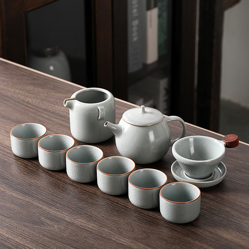 Set Gongfu de ceai din porțelan cu glazură crackle Ru kiln, ceainic și cești, cutie cadou luxoasă, logo personalizabil