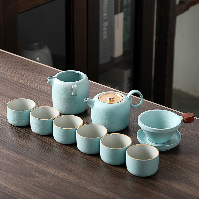 Set Gongfu de ceai din porțelan cu glazură crackle Ru kiln, ceainic și cești, cutie cadou luxoasă, logo personalizabil