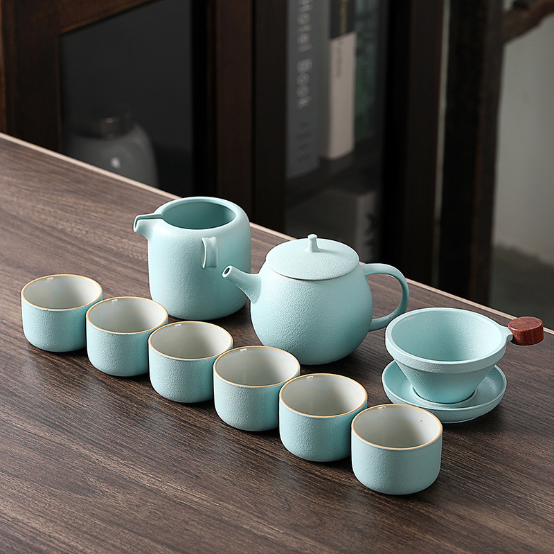 Set Gongfu de ceai din porțelan cu glazură crackle Ru kiln, ceainic și cești, cutie cadou luxoasă, logo personalizabil
