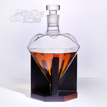 Set de bar pentru whisky cu decanter în formă de diamant, din sticlă borosilicată, ramă din lemn