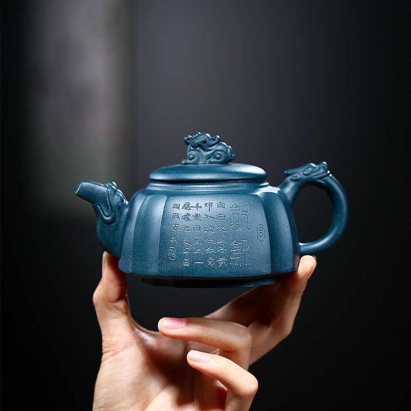 Ceainic Yixing din lut mov, cu lut ceresc albastru, stil Dragon Zun pătrat, lucrat manual