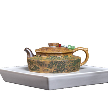 Ceainic Yixing din lut purpuriu, Dragon Bone Gold Sand, lucrat manual, ars la temperatură înaltă cu lemn, gravură Guanshan, stil Huating