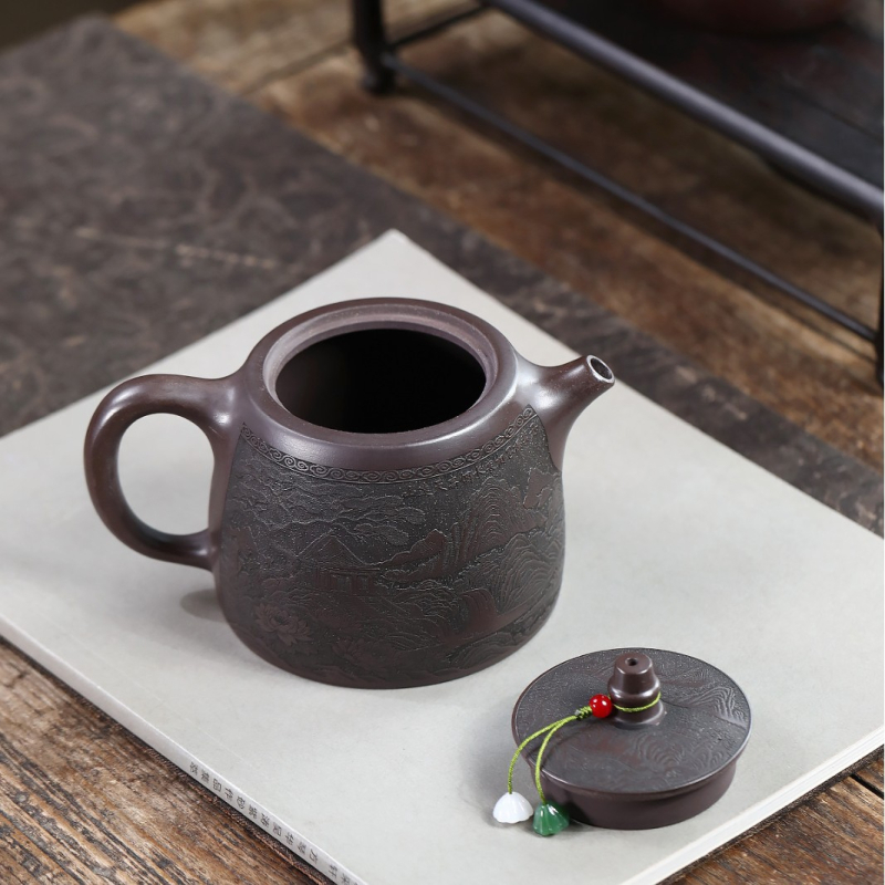 Ceainic din lut purpuriu, lucrat manual, cu relief, Gongfu ceai, o piesă