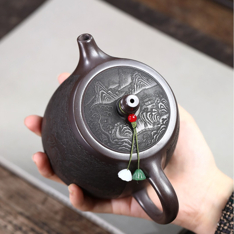 Ceainic din lut purpuriu, lucrat manual, cu relief, Gongfu ceai, o piesă