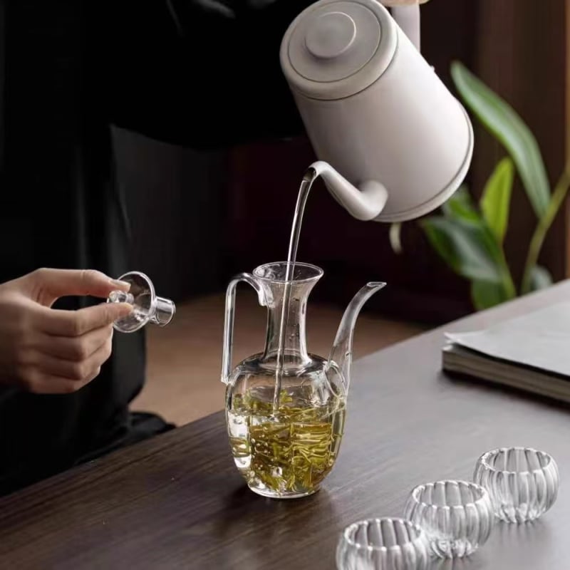 Ceainic din sticlă borosilicată, cu model de pepene, inspirat din stil antic, potrivit pentru încălzire pe plita ceramică electrică, lucrat manual