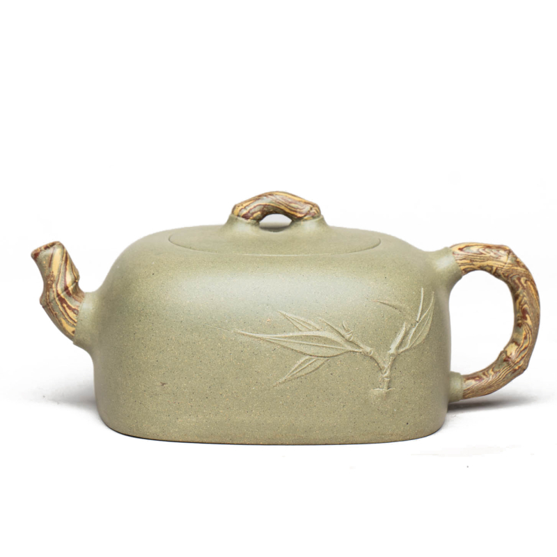 Ceainic din lut purpuriu Yixing, lucrat manual, formă pătrată, decor de bambus, culoare nisip-verde, set Kung Fu