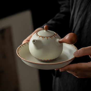 Yin Chuantang Dunhuang Impression Cultural and Creative Ru Kiln Teapot bej și sky blue cu mâner lateral, porțelan, ceai de casă