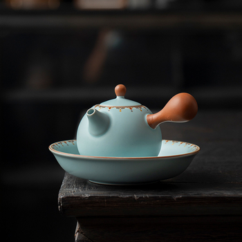 Yin Chuantang Dunhuang Impression Cultural and Creative Ru Kiln Teapot bej și sky blue cu mâner lateral, porțelan, ceai de casă