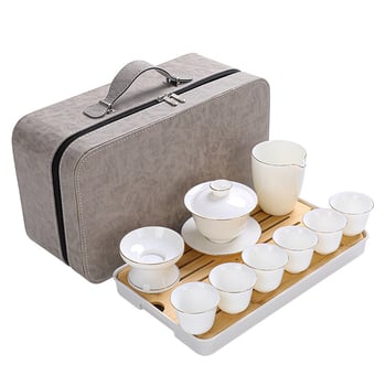 Set de ceai din porțelan alb cu Gongfu, gaiwan – set de călătorie, cadou de afaceri, imprimat cu logo