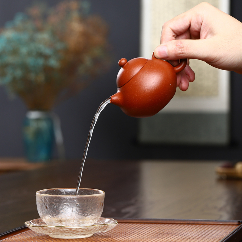 Ceainic Yixing din lut purpuriu, 130 ml, lut roșu cu textură piele de pară, stil Wendan, lucrat manual, tradițional