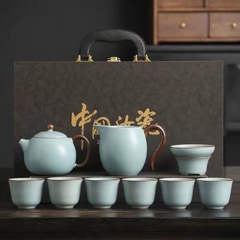 Set de ceai ceramic Ru Kiln cu ceainic și cești în cutie cadou – stil Kung Fu, cadou pentru birou și casă, suvenir