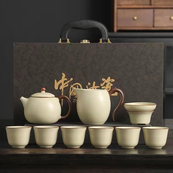 Set de ceai ceramic Ru Kiln cu ceainic și cești în cutie cadou – stil Kung Fu, cadou pentru birou și casă, suvenir