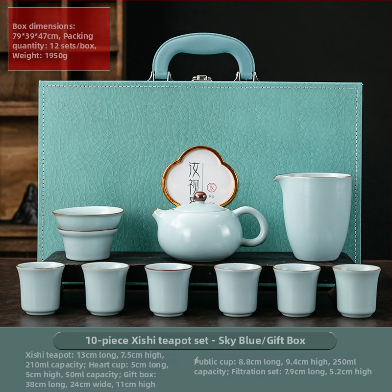 Set de ceai ceramic Ru Kiln cu ceainic și cești în cutie cadou – stil Kung Fu, cadou pentru birou și casă, suvenir