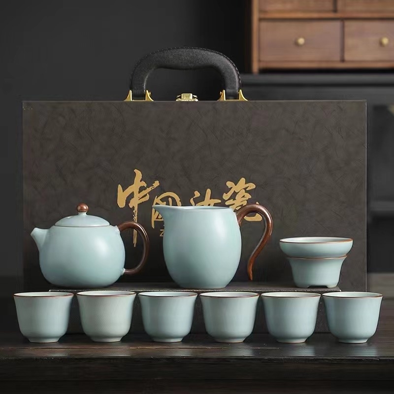 Set de ceai ceramic Ru Kiln cu ceainic și cești în cutie cadou – stil Kung Fu, cadou pentru birou și casă, suvenir