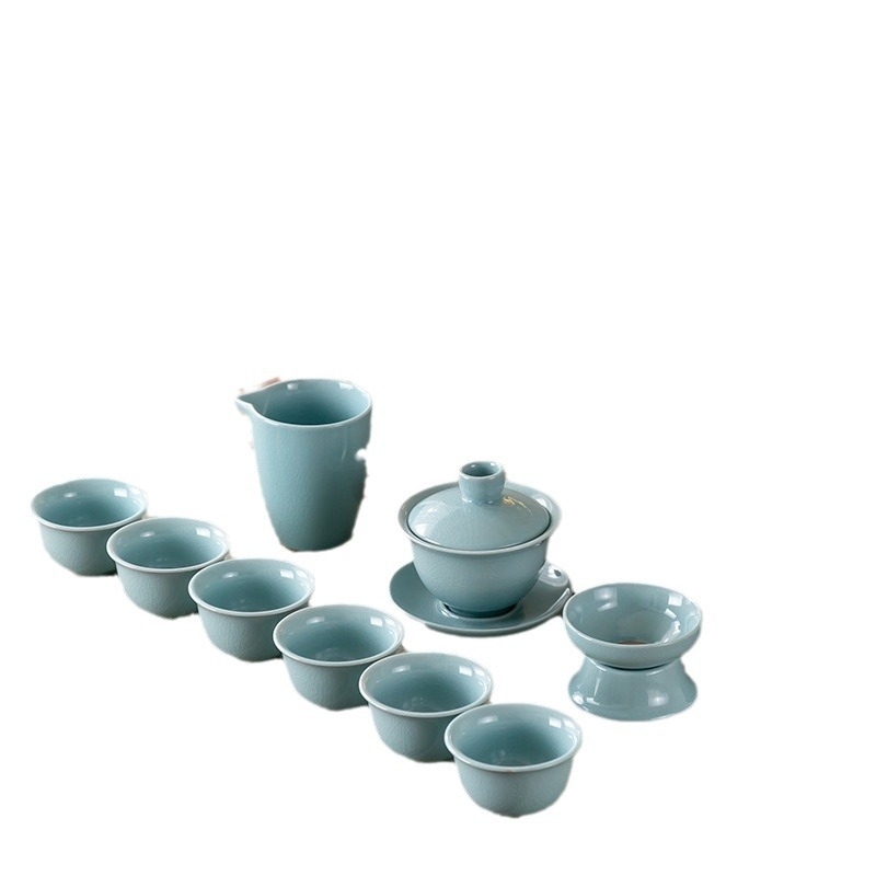 Set de ceai ceramic Ru Kiln cu ceainic și cești în cutie cadou – stil Kung Fu, cadou pentru birou și casă, suvenir