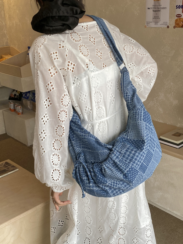 Ženska denim torba za rame s oblikom polumjeseca, korejski retro patchwork, jednostavna svakodnevna crossbody torba