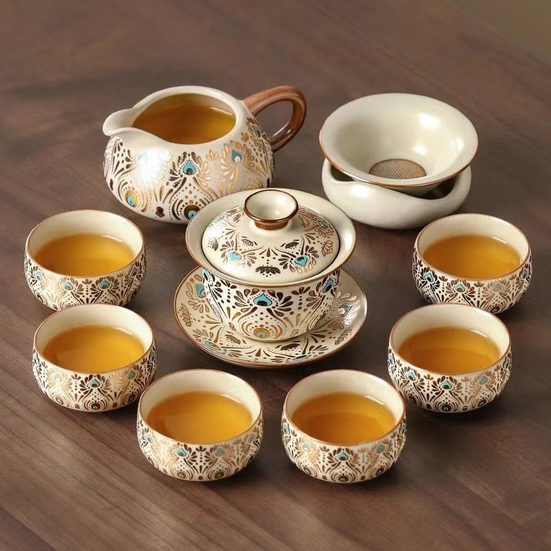 Set Gongfu de ceai Ru Kiln pentru uz casnic, ceainic ceramic de lux și cești de ceai, tavă pentru ceai uscat, set complet de ceai