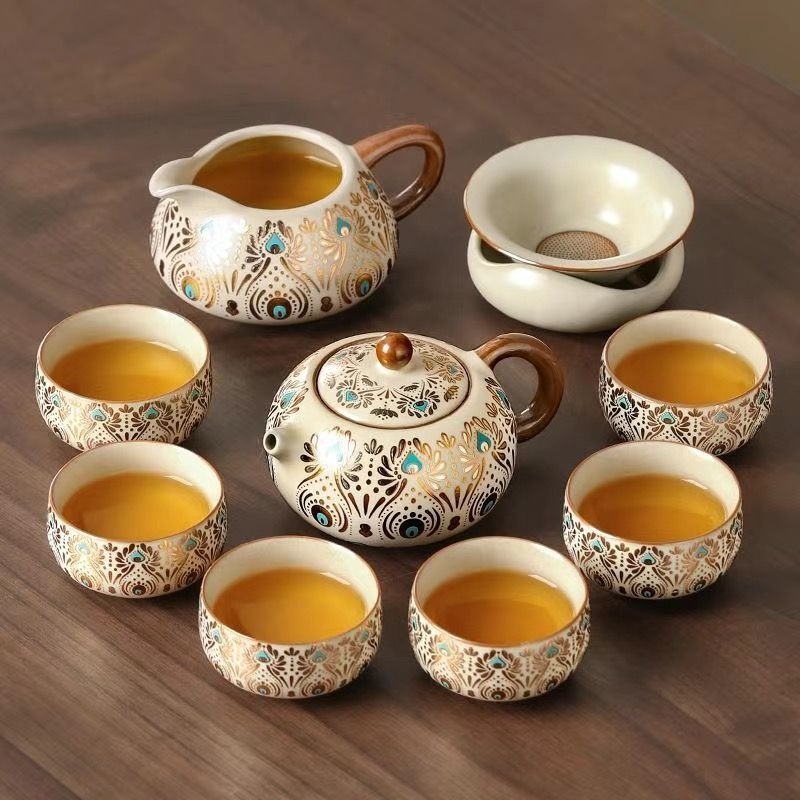 Set Gongfu de ceai Ru Kiln pentru uz casnic, ceainic ceramic de lux și cești de ceai, tavă pentru ceai uscat, set complet de ceai