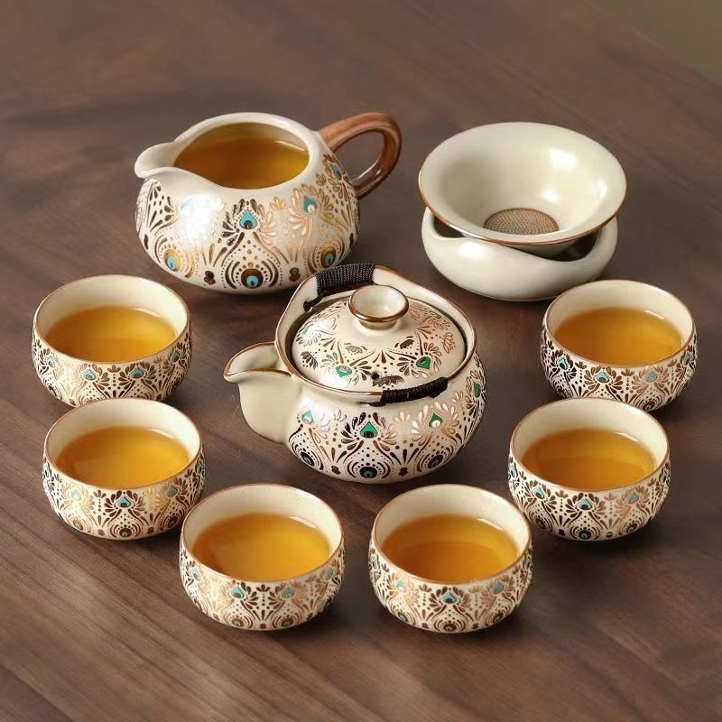 Set Gongfu de ceai Ru Kiln pentru uz casnic, ceainic ceramic de lux și cești de ceai, tavă pentru ceai uscat, set complet de ceai