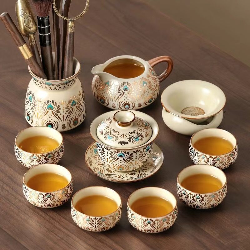 Set Gongfu de ceai Ru Kiln pentru uz casnic, ceainic ceramic de lux și cești de ceai, tavă pentru ceai uscat, set complet de ceai