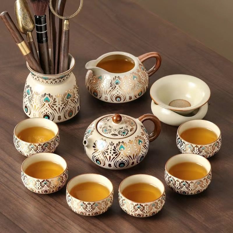 Set Gongfu de ceai Ru Kiln pentru uz casnic, ceainic ceramic de lux și cești de ceai, tavă pentru ceai uscat, set complet de ceai