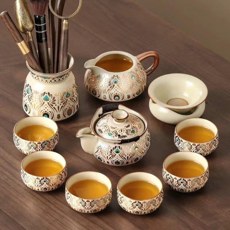 Set Gongfu de ceai Ru Kiln pentru uz casnic, ceainic ceramic de lux și cești de ceai, tavă pentru ceai uscat, set complet de ceai