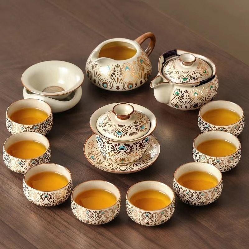 Set Gongfu de ceai Ru Kiln pentru uz casnic, ceainic ceramic de lux și cești de ceai, tavă pentru ceai uscat, set complet de ceai