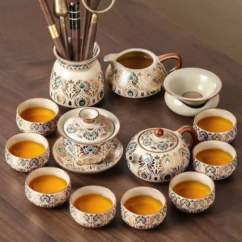 Set Gongfu de ceai Ru Kiln pentru uz casnic, ceainic ceramic de lux și cești de ceai, tavă pentru ceai uscat, set complet de ceai