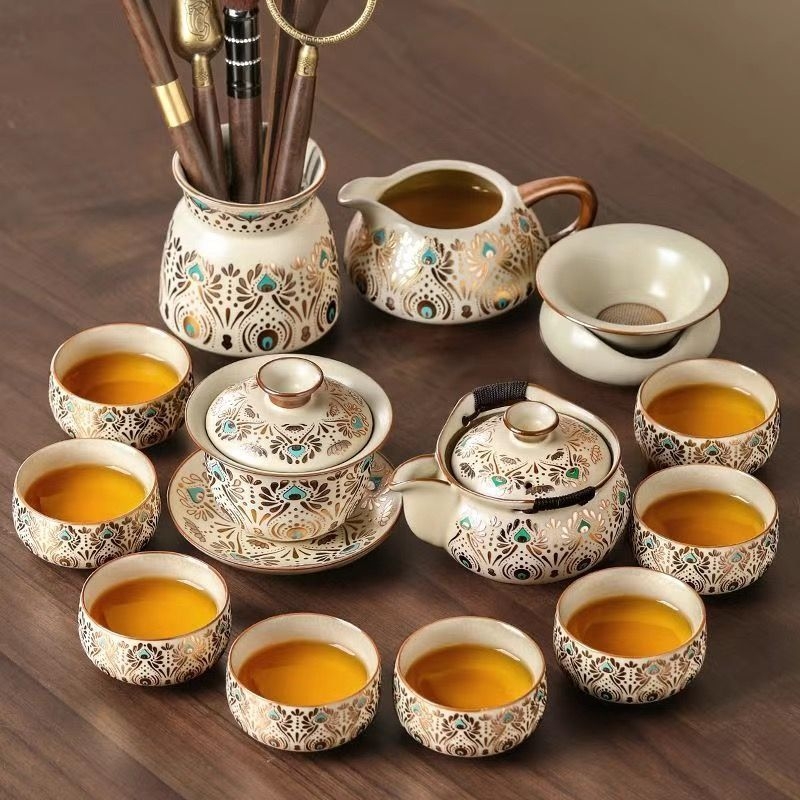 Set Gongfu de ceai Ru Kiln pentru uz casnic, ceainic ceramic de lux și cești de ceai, tavă pentru ceai uscat, set complet de ceai