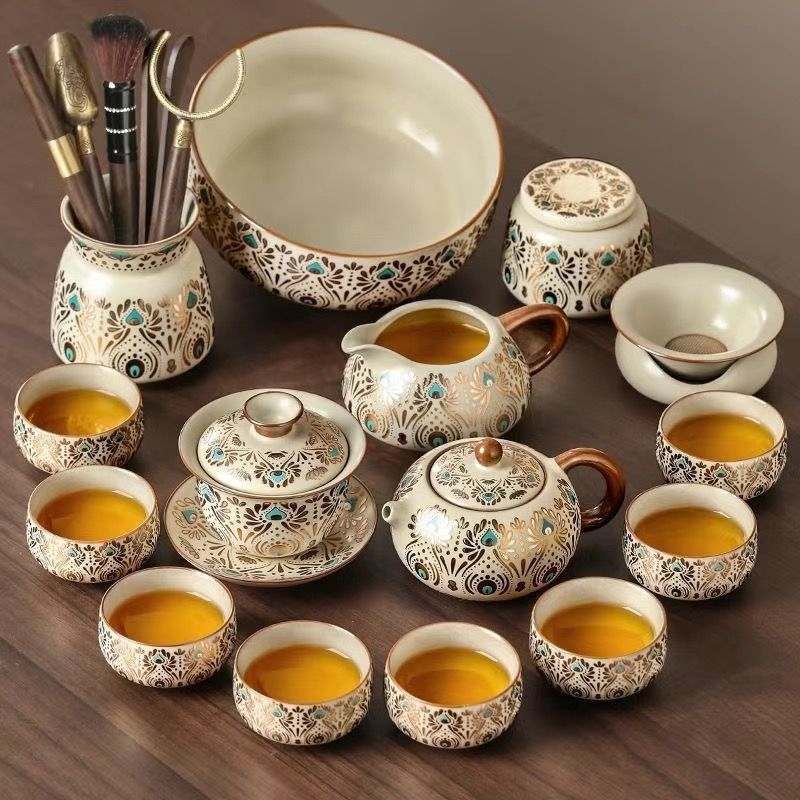 Set Gongfu de ceai Ru Kiln pentru uz casnic, ceainic ceramic de lux și cești de ceai, tavă pentru ceai uscat, set complet de ceai