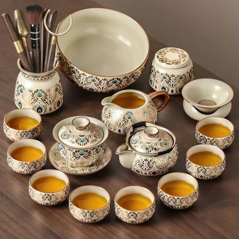 Set Gongfu de ceai Ru Kiln pentru uz casnic, ceainic ceramic de lux și cești de ceai, tavă pentru ceai uscat, set complet de ceai