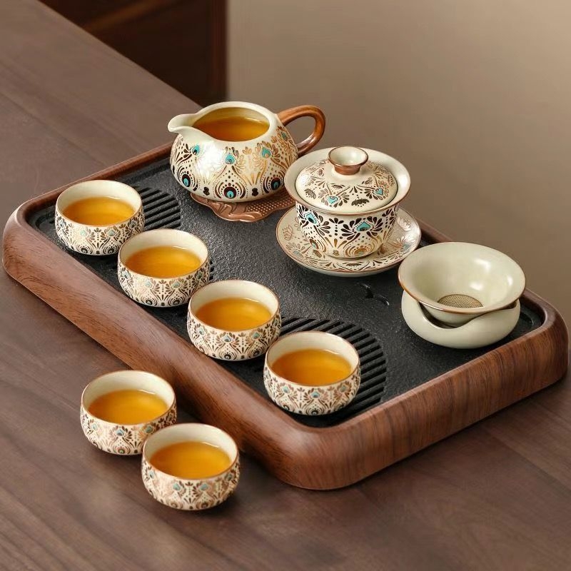 Set Gongfu de ceai Ru Kiln pentru uz casnic, ceainic ceramic de lux și cești de ceai, tavă pentru ceai uscat, set complet de ceai