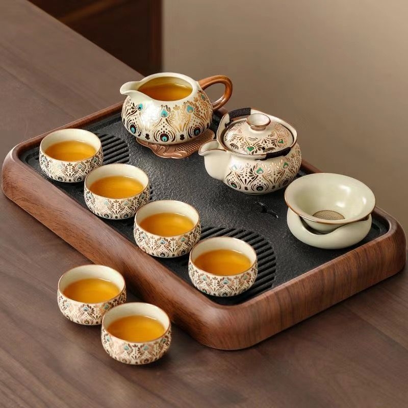 Set Gongfu de ceai Ru Kiln pentru uz casnic, ceainic ceramic de lux și cești de ceai, tavă pentru ceai uscat, set complet de ceai