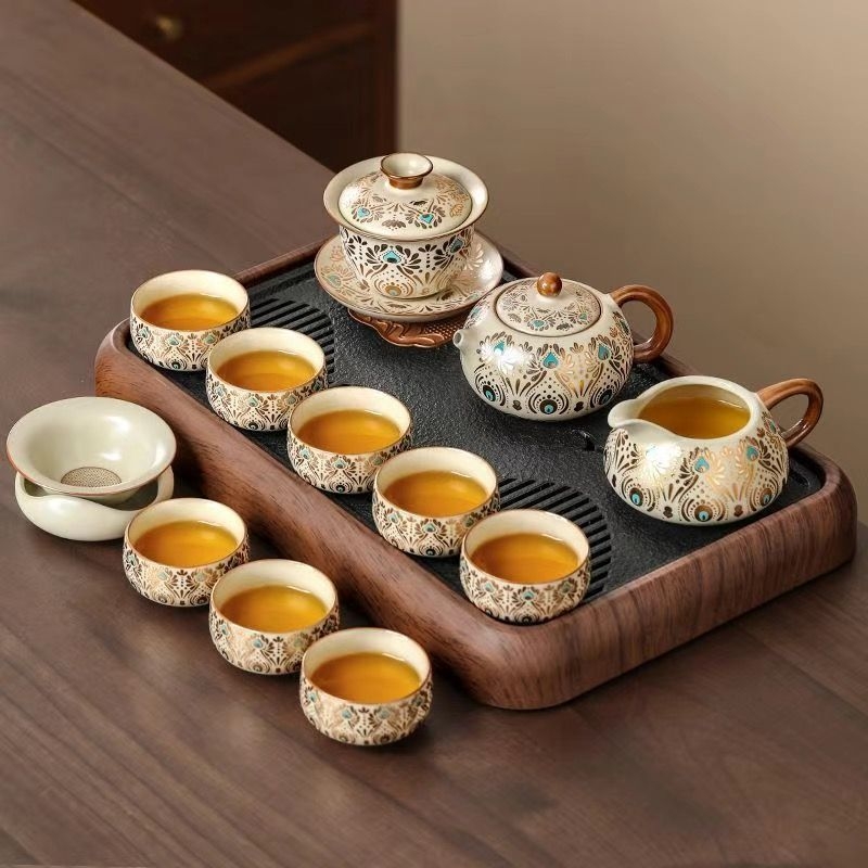 Set Gongfu de ceai Ru Kiln pentru uz casnic, ceainic ceramic de lux și cești de ceai, tavă pentru ceai uscat, set complet de ceai