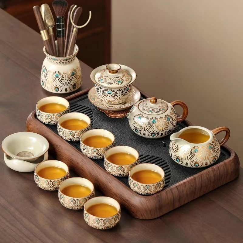 Set Gongfu de ceai Ru Kiln pentru uz casnic, ceainic ceramic de lux și cești de ceai, tavă pentru ceai uscat, set complet de ceai
