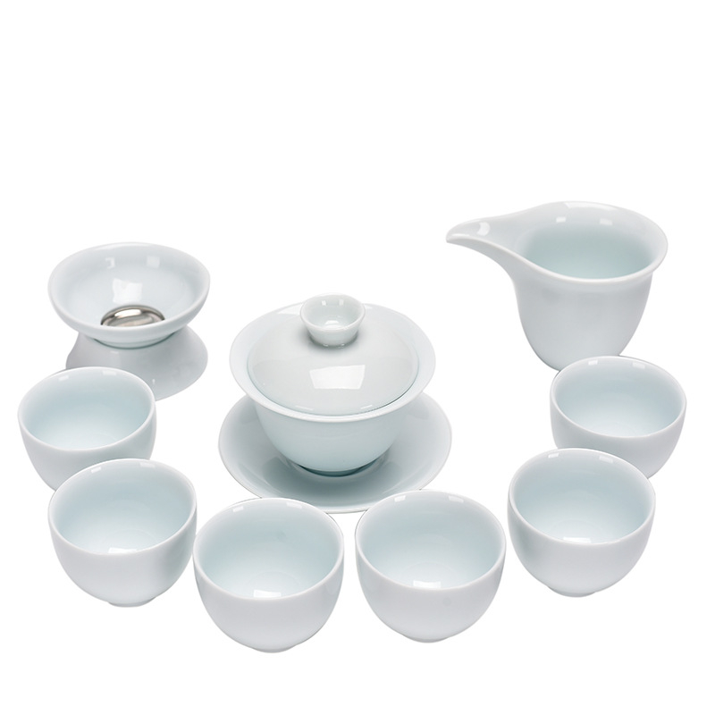 Dehua Shadow Celadon teáskészlet, kerámia teáskészlet ajándékdobozban, kínai stílus, 6 főre, testreszabható, hőálló