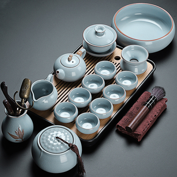 Set de ceai în stil chinezesc Ru Kiln cu ceainic și cești, ceramică, cu logo personalizat, inclusă tavă din bambus, cadou pentru 6–10 persoane
