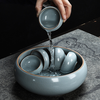 Set de ceai în stil chinezesc Ru Kiln cu ceainic și cești, ceramică, cu logo personalizat, inclusă tavă din bambus, cadou pentru 6–10 persoane