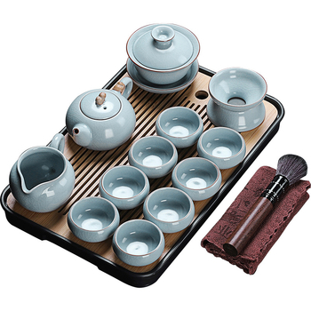 Set de ceai în stil chinezesc Ru Kiln cu ceainic și cești, ceramică, cu logo personalizat, inclusă tavă din bambus, cadou pentru 6–10 persoane