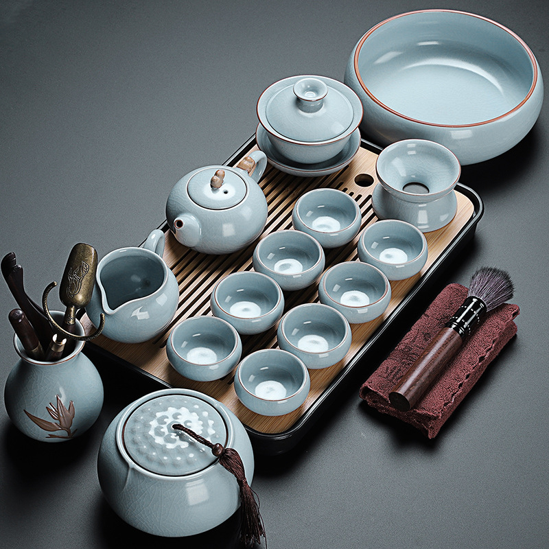 Set de ceai în stil chinezesc Ru Kiln cu ceainic și cești, ceramică, cu logo personalizat, inclusă tavă din bambus, cadou pentru 6–10 persoane