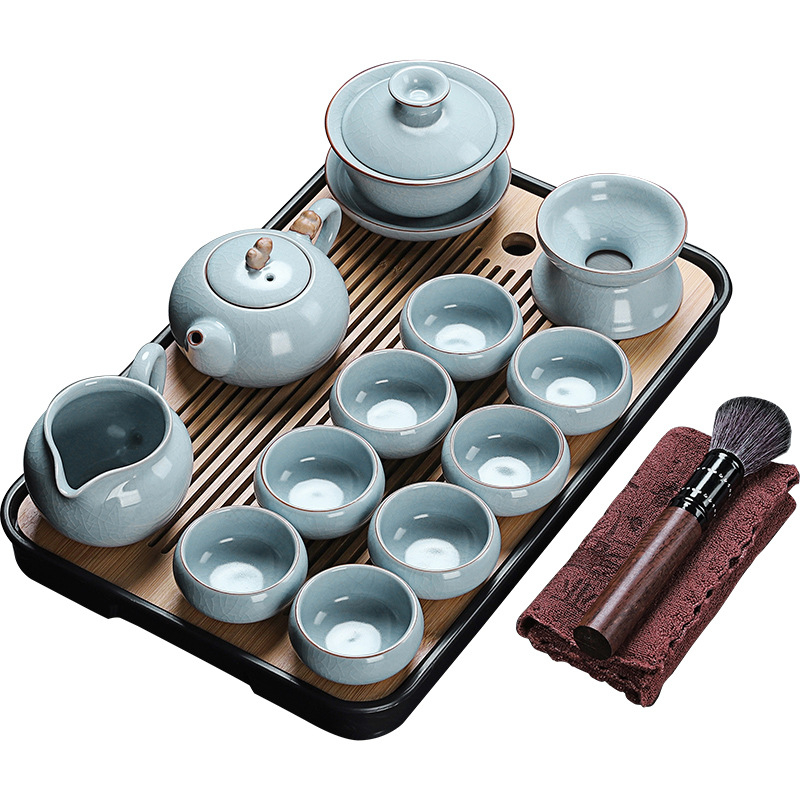 Set de ceai în stil chinezesc Ru Kiln cu ceainic și cești, ceramică, cu logo personalizat, inclusă tavă din bambus, cadou pentru 6–10 persoane