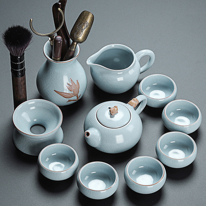 Set de ceai în stil chinezesc Ru Kiln cu ceainic și cești, ceramică, cu logo personalizat, inclusă tavă din bambus, cadou pentru 6–10 persoane
