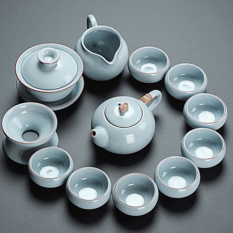 Set de ceai în stil chinezesc Ru Kiln cu ceainic și cești, ceramică, cu logo personalizat, inclusă tavă din bambus, cadou pentru 6–10 persoane